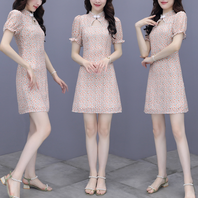 晗亦然旗袍夏季小个子连衣裙新款裙子茶歇裙女法式复古小众碎花裙1291