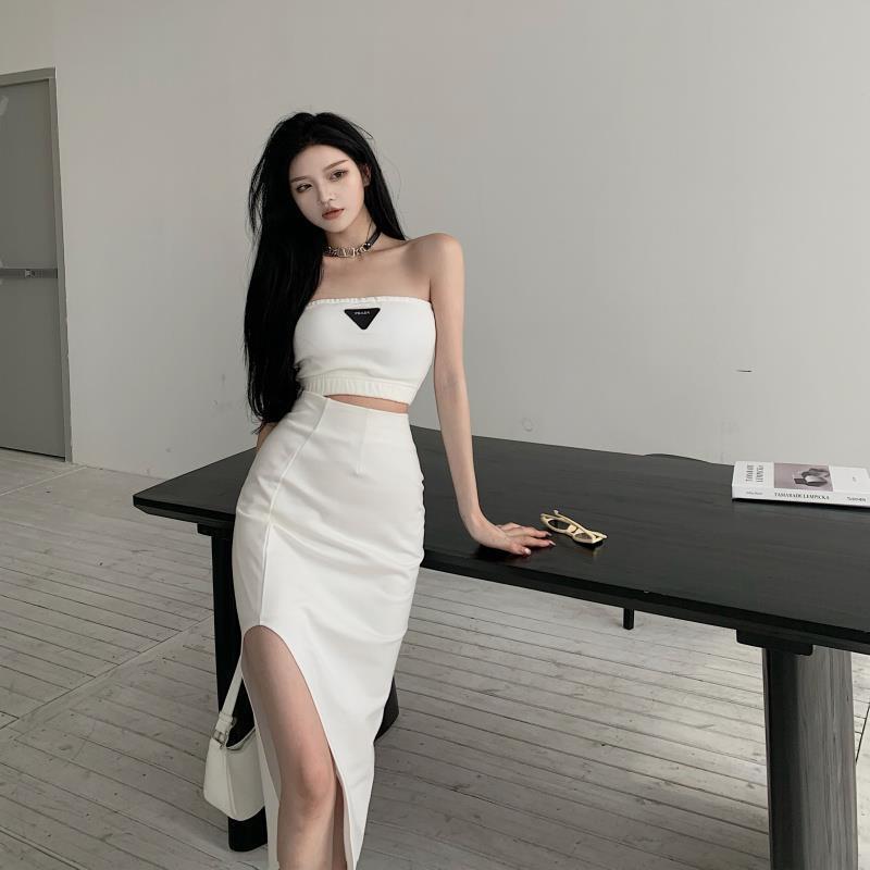 性感A字半身裙2021新款开叉半身长裙+辣妹上衣背心女外穿潮流抹胸 黑色抹胸 S