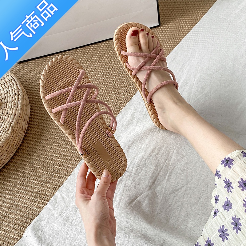 SUNTEK一鞋两穿凉鞋2023年新款女夏平底百搭仙女风ins潮亚麻沙滩罗马鞋高清大图