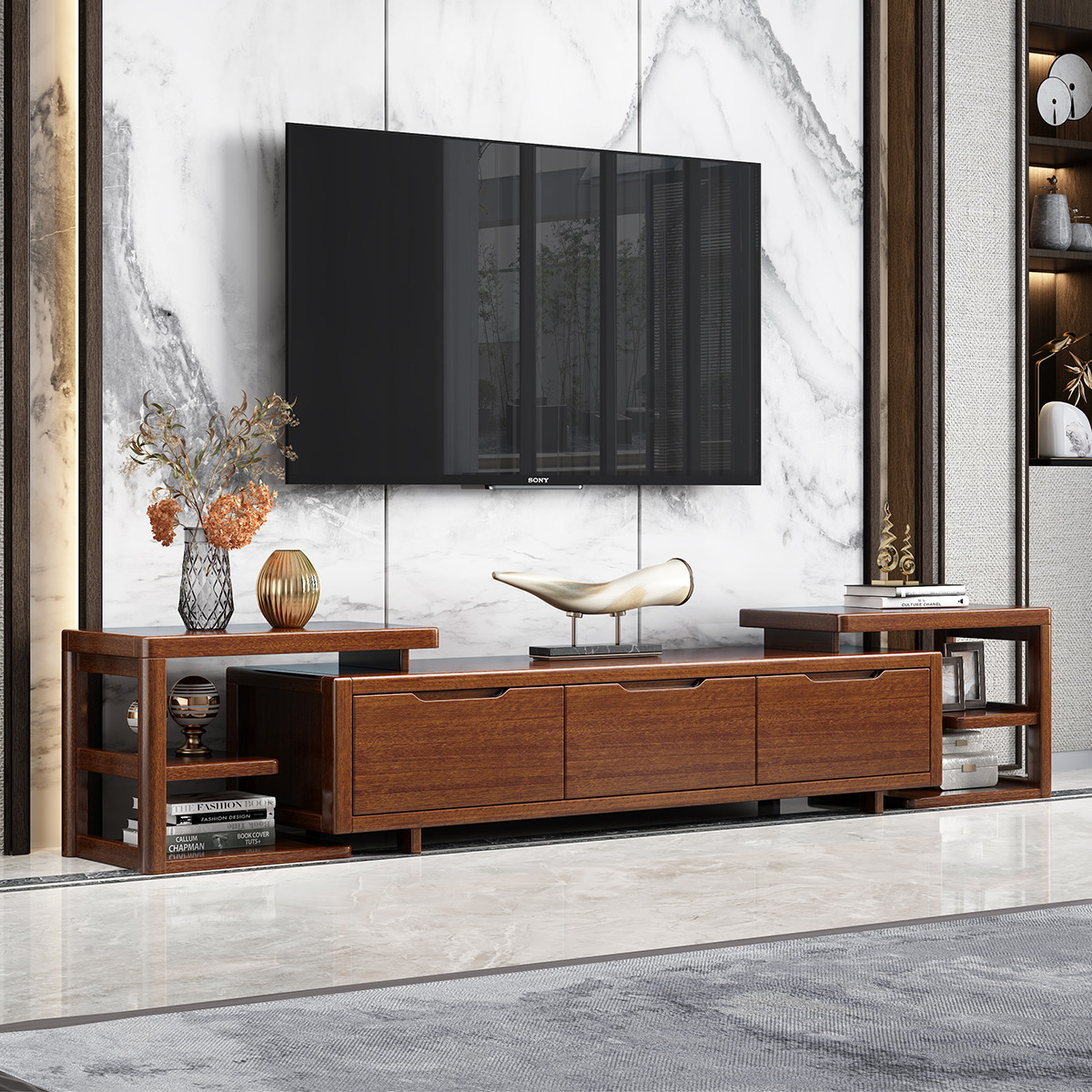 采百木(caibaimu)胡桃木实木电视柜茶几组合家用现代中式客厅可伸缩地