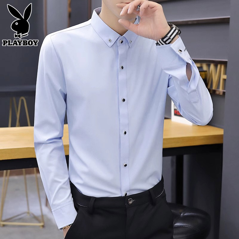 花花公子黑色长袖衬衫男士商务免烫寸衫夏季薄款潮牌休闲衬衣服务高清大图