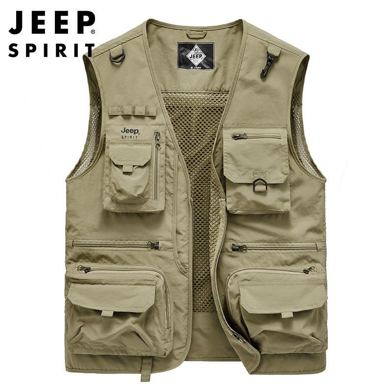 JEEP SPIRIT吉普户外背心钓鱼服男士马甲多口袋无袖坎肩马夹外套 卡其 XL