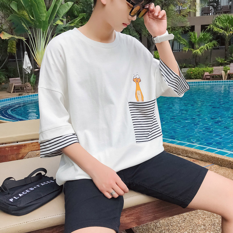 2018夏港风文艺小清新中袖上衣5分短袖T恤男时尚bf男生原宿风半袖