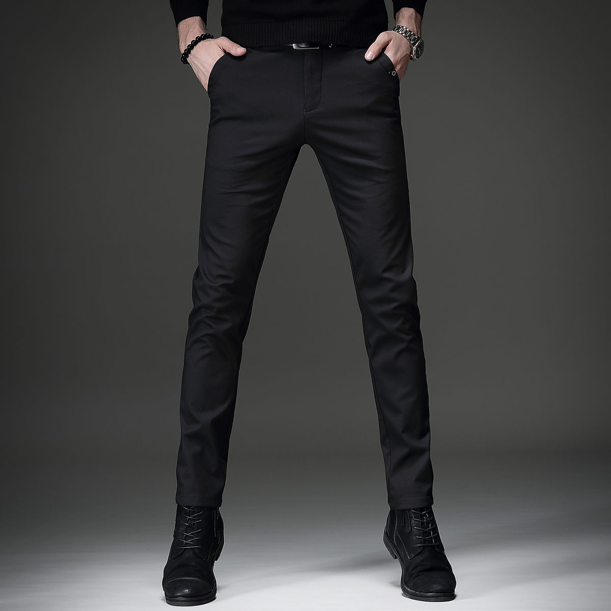 yuansu贵色秋冬加绒加厚商务西裤男黑色休闲裤男修身