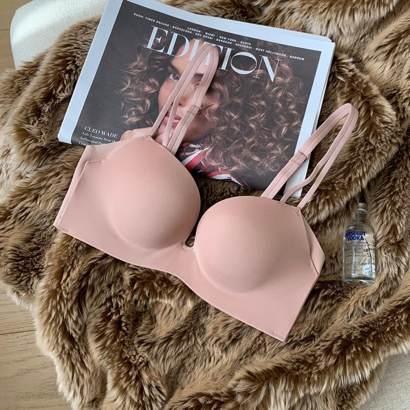 日本内衣女聚拢无痕无钢圈调整型少女文胸罩上薄下厚收副乳防下垂橘色