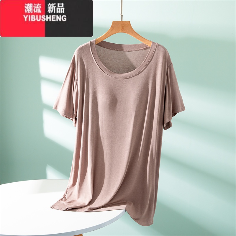 YIBUSHENG莫代尔带胸垫一体式免穿文胸短袖T恤衫女外穿中长款上衣打底衫高清大图