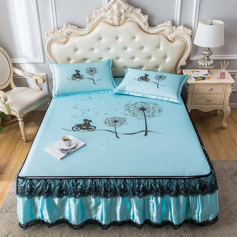 美帮汇床裙款冰丝凉席三件套1.8m床夏季可水洗折叠夏天空调软席子1.5米 旅行-蓝【床裙可拆洗】 1.8m（6英尺）床