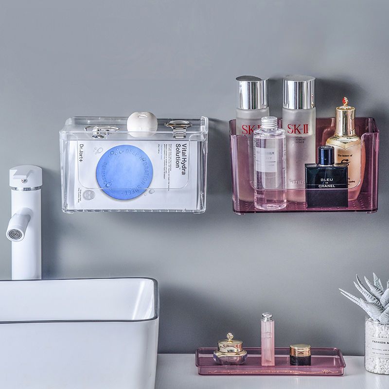 面膜收纳盒护肤品化妆品透明带盖防尘免钉壁挂整理收纳浴室置物盒 酒