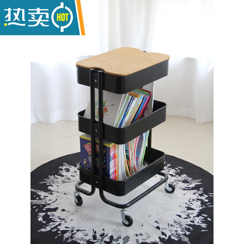 敬平北欧厨房三层带盖板小推车置物架落地家用储物收纳架杂物收纳篮