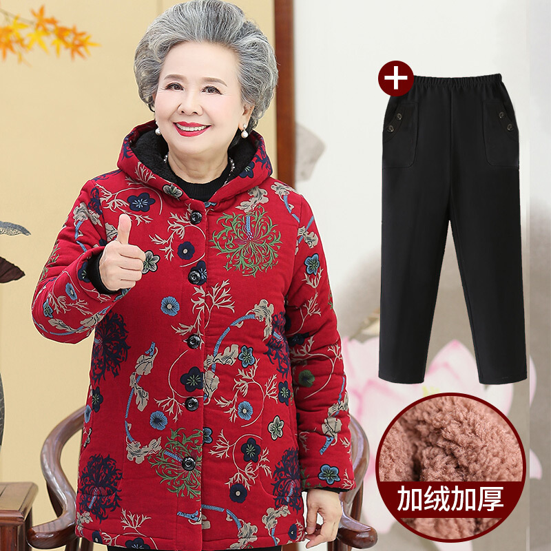 迪鲁奥（DILUAO)老年人冬装女70岁奶奶装棉衣胖妈妈秋冬款老太太老人加厚棉袄衣服_341 3XL（建议120-130斤） 大花红色（上衣+裤子）