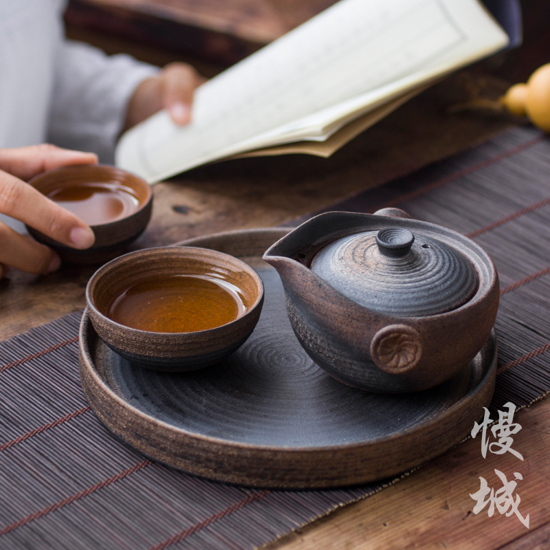 粗陶快客杯旅行套装2人 一壶一杯二杯日式便携布袋陶瓷茶具带茶盘