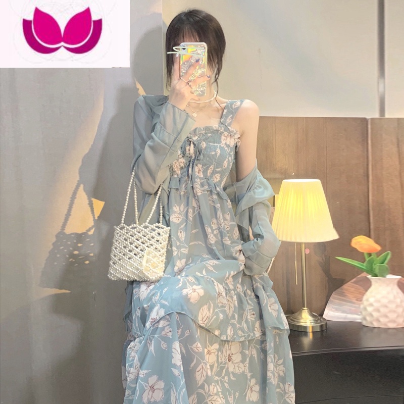 七斓海边沙滩裙吊带三亚旅行出游穿搭度假连衣裙子女套装拍照衣服超仙 蓝色开衫+蓝色吊带裙 L