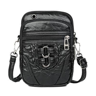 双环黑+[后背拉链+音乐] 复古软皮女包迷你小手机包百搭韩版斜挎包时尚休闲多层单肩潮包包