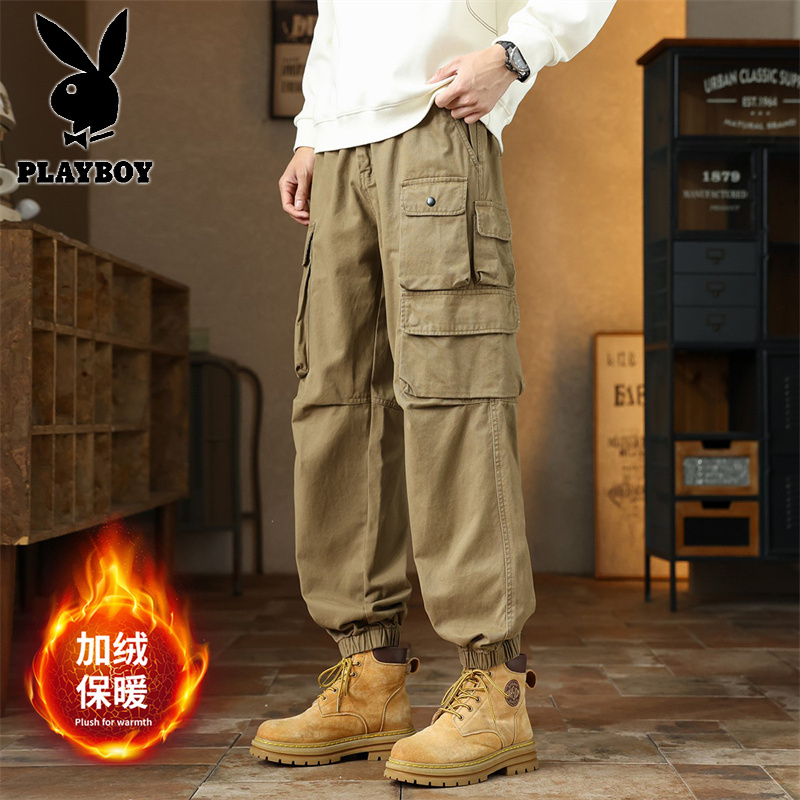 花花公子新款2025冬季新款潮男美式复古宽松束口百搭加绒工装裤8702-2加绒款高清大图