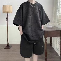 休闲运动套装男华夫格学院风短袖T恤宽松字母短裤两件套 4XL 黑色