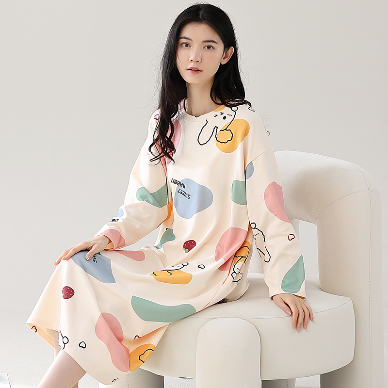 浪莎睡裙女春秋款纯棉长袖新款睡衣中长款宽松卡通可外穿家居服Z睡高清大图