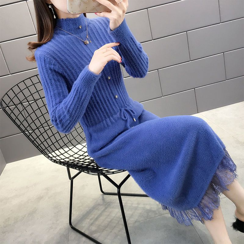 水貂绒长款过膝毛衣女秋冬连衣裙2021新款内搭加厚收腰打底毛衣裙