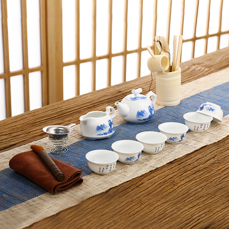 常生源 陶瓷功夫茶具套装 手绘 一壶六杯 茶道 茶漏 春山茶具套组高清大图