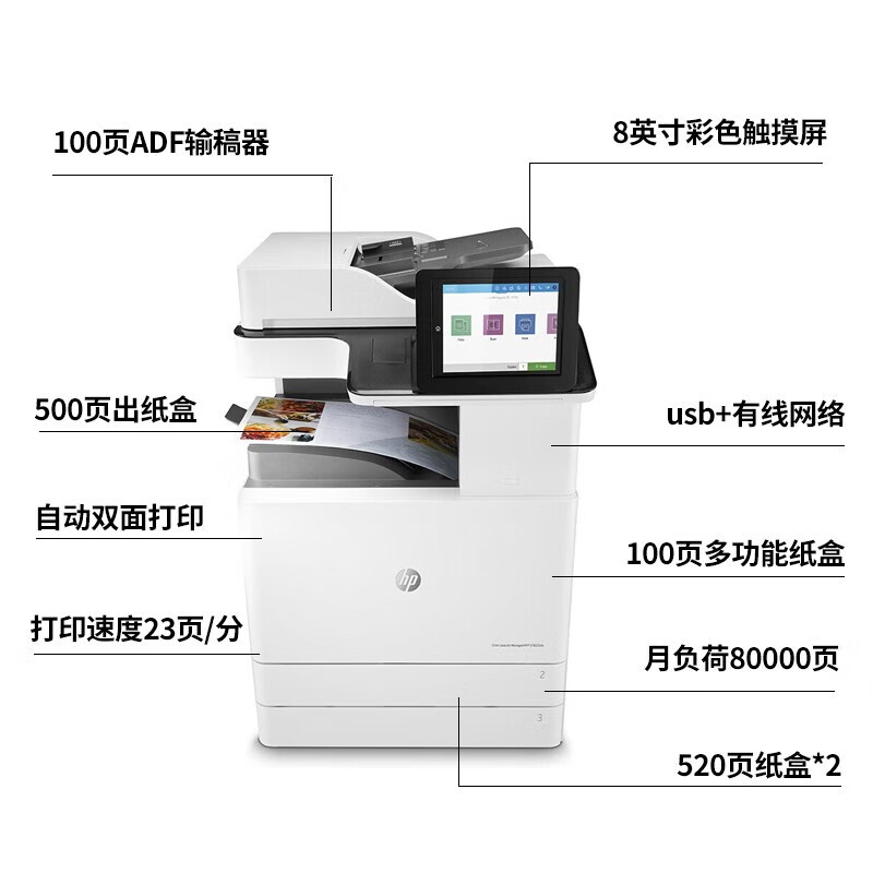 惠普(HP)E78223DN a3 激光彩色复合机双面打印、复印、扫描 标配+纸盒(四层纸盒直接落地)高清大图