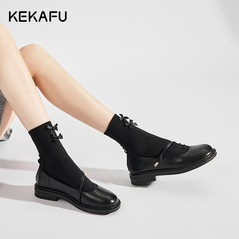 珂卡芙法式玛丽珍鞋女2023新款浅口女鞋英伦风平底单鞋复古小皮鞋