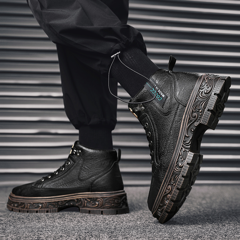 马丁靴男高帮厚底雕花时尚百搭机车短靴帅气潮男复古潮流工装男靴