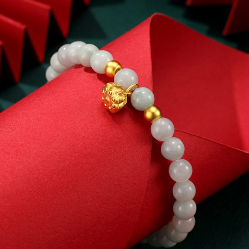 潮宏基翡翠手链莲蓬元宝黄金足金手串女5d硬金手绳