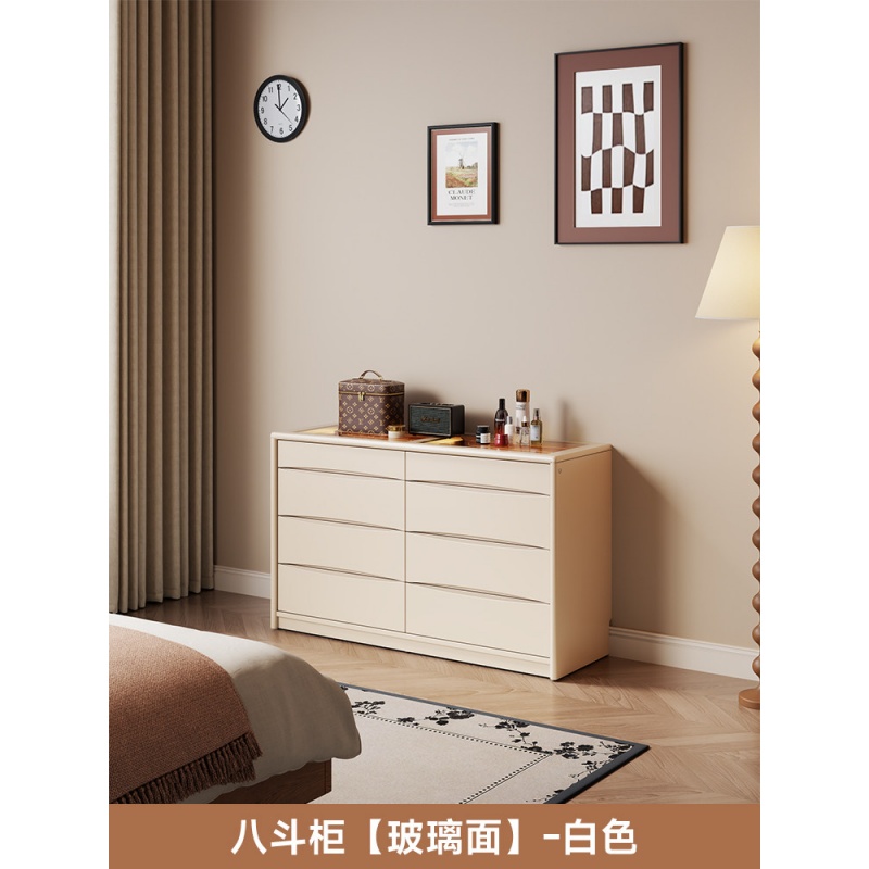 中古奶油风梳妆台斗柜一体卧室简约现代床尾伸缩化妆桌化妆台 白色八斗柜【玻璃面】 规格