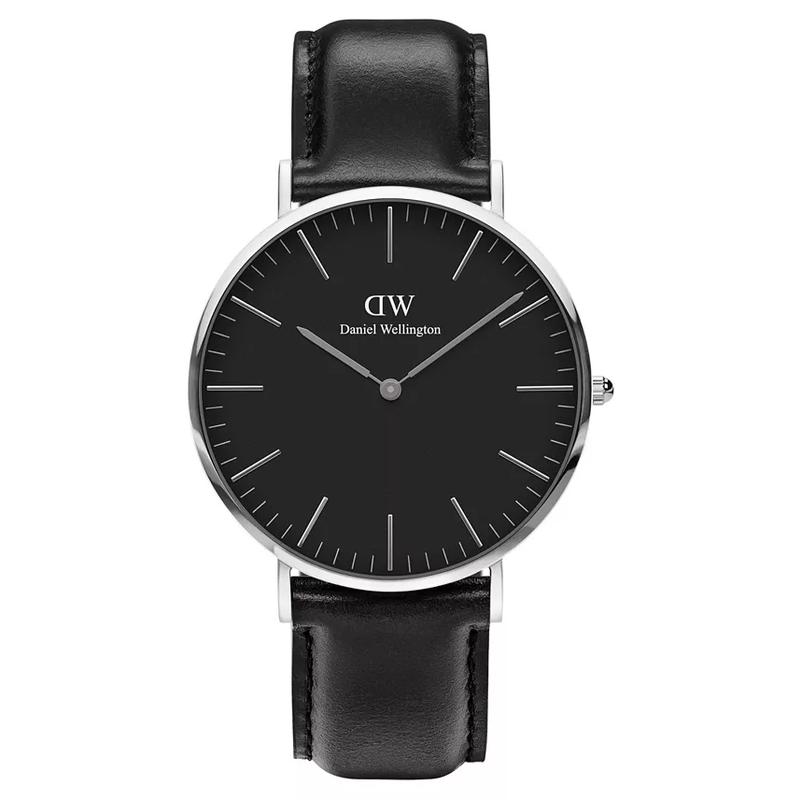 丹尼尔惠灵顿(Daniel Wellington)男士经典黑色皮革机械表40mm时尚简约优雅防水腕表 Black