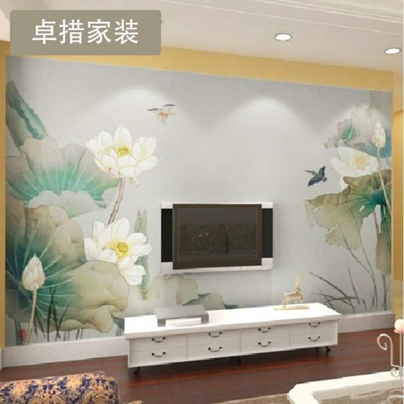 定制 电视背景墙纸壁纸客厅现代中式荷花壁纸大型壁画墙布影视墙壹德壹