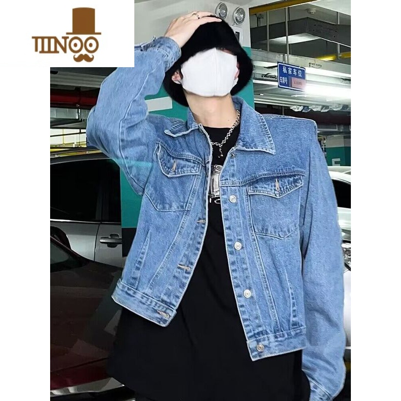 YANXUins美式高街复古压褶垫肩牛仔外套男女 潮牌百搭休闲短款情侣夹男高清大图