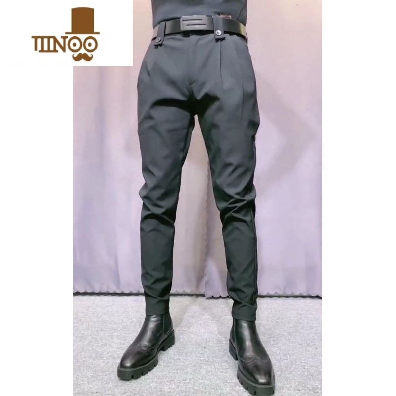 YANXU秋季百搭黑色长裤修身扎腰带散脚休闲裤韩版潮流小脚裤男直筒西裤高清大图