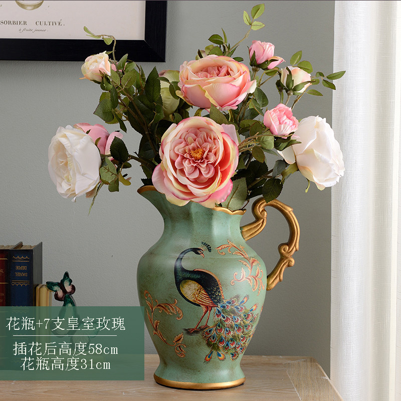 美式陶瓷花瓶花艺套装摆件家居装饰花仿真花假花工艺品摆设收纳袋 三维工匠 双耳花瓶配6束香槟法式茶玫