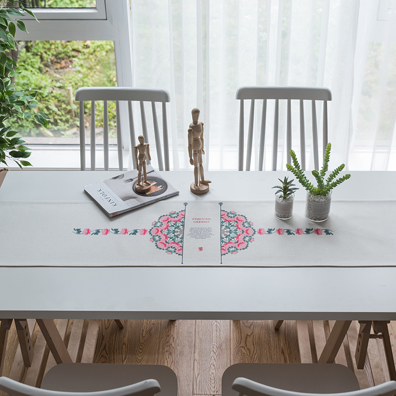 家柏饰(CORATED)田园S风棉麻布艺茶几电视柜长条客厅餐厅餐桌布盖巾桌旗 民族风牡丹桌旗 35*200cm高清大图