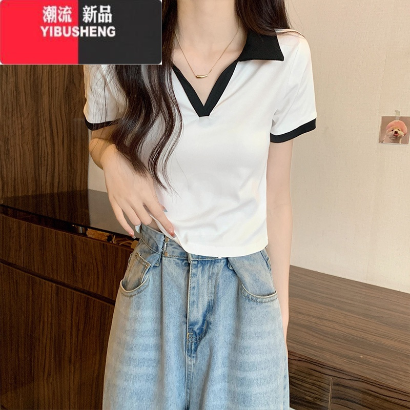 YIBUSHENGV领正肩短袖t恤女2024季新款Polo领设计感小众修身短款甜辣上衣