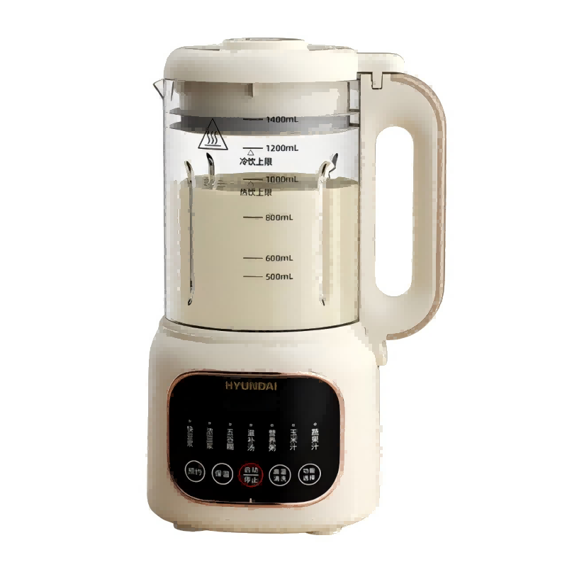 HYUNDAI豆浆机800W精磨器自动清洗预约保温白色塑料杯体1-2人果汁多功能
