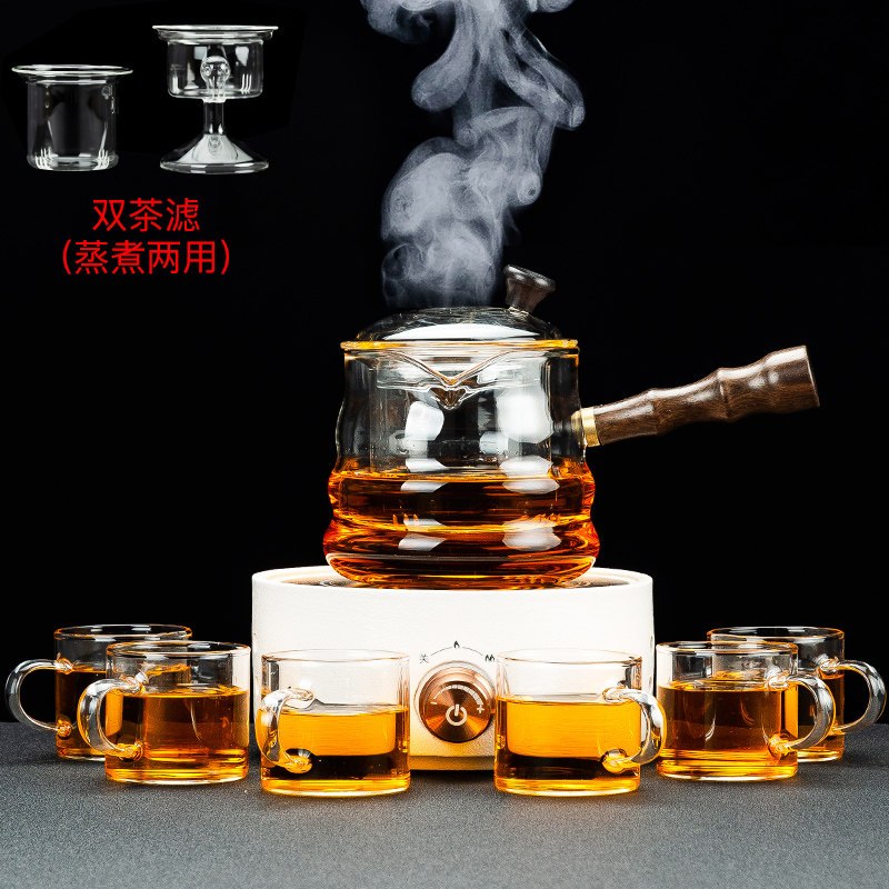 家用玻璃煮茶器黄金蛋电陶炉套装侧把烧茶壶普洱蒸汽蒸茶壶泡茶整套 简馨白陶电陶炉+格馨煮茶壶8件套