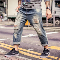 现代男孩 （XIANDAINANHAI）胖子加肥加大弹力做旧乞丐裤潮超大码九分破洞牛仔裤男夏装9分裤