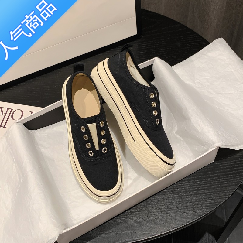 SUNTEK夏季薄款透气厚底帆布鞋女2023新款一脚蹬懒人鞋小白鞋百搭乐福鞋高清大图