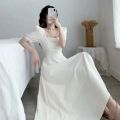 泡泡袖方领赫本风连衣裙女装夏季裙子收腰显瘦气质过膝长裙子夏款 XXL 白色