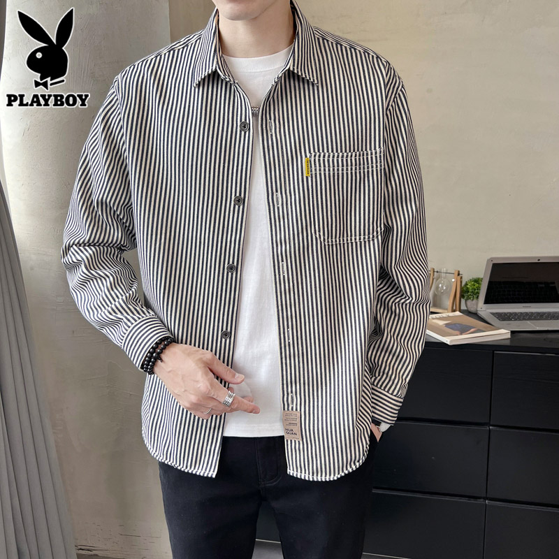 花花公子长袖衬衫男士纯棉条纹上衣服2025年秋季休闲外套衬衣男上高清大图