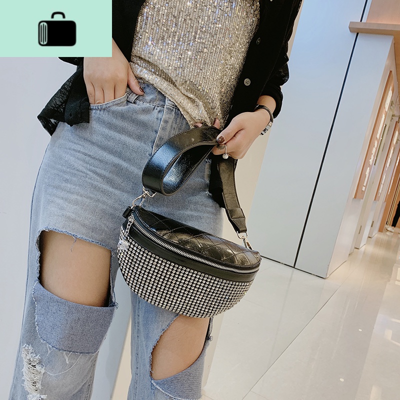 斜挎胸包女潮ins个性街头质感包包洋气镶钻石时尚女包NEW LAKE 黑色钻石高清大图