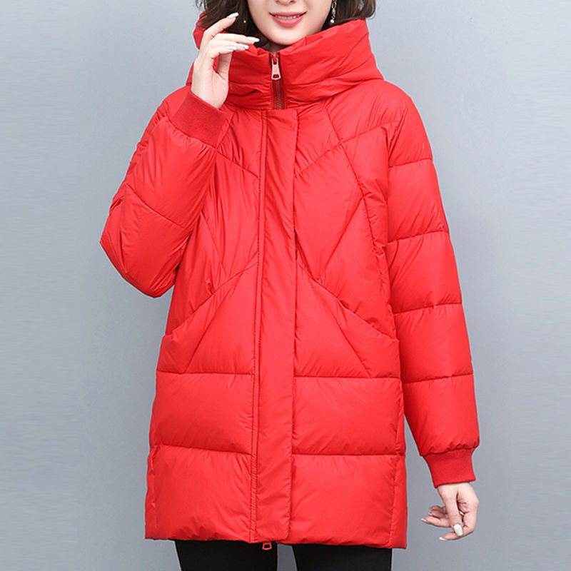 连帽棉衣女中长款冬装时尚新款加厚棉袄大码韩版保暖棉服外套 红色 XL