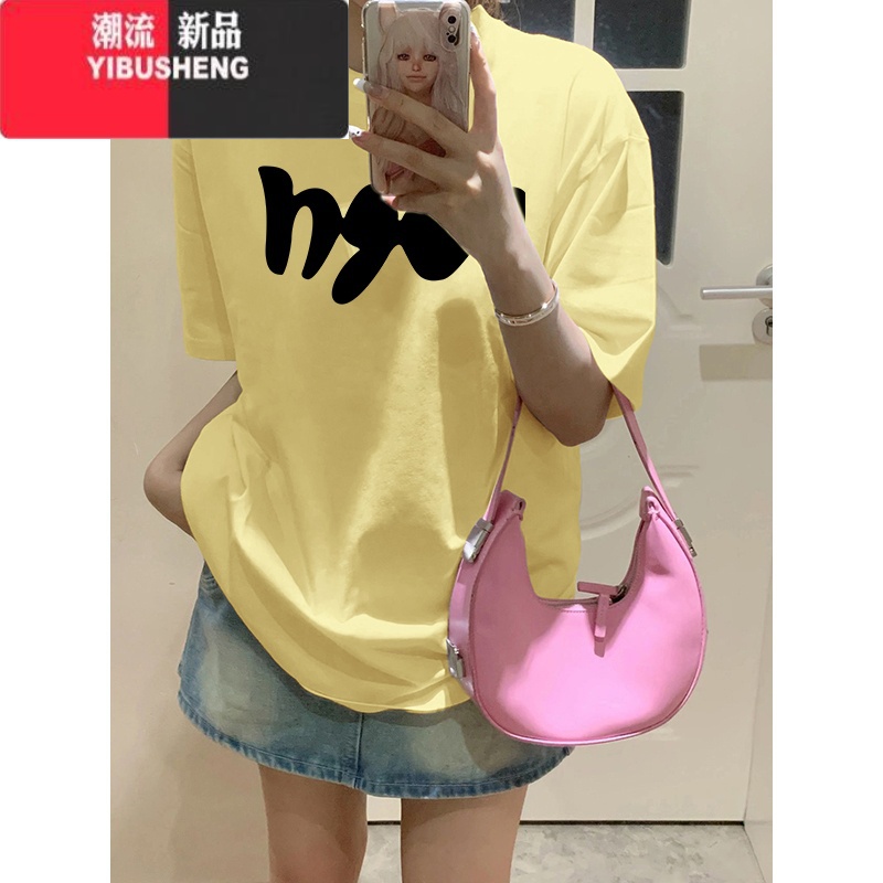 YIBUSHENG美式潮牌小个子正肩短袖T恤女2024年季新款嫩黄色体恤上袖高清大图