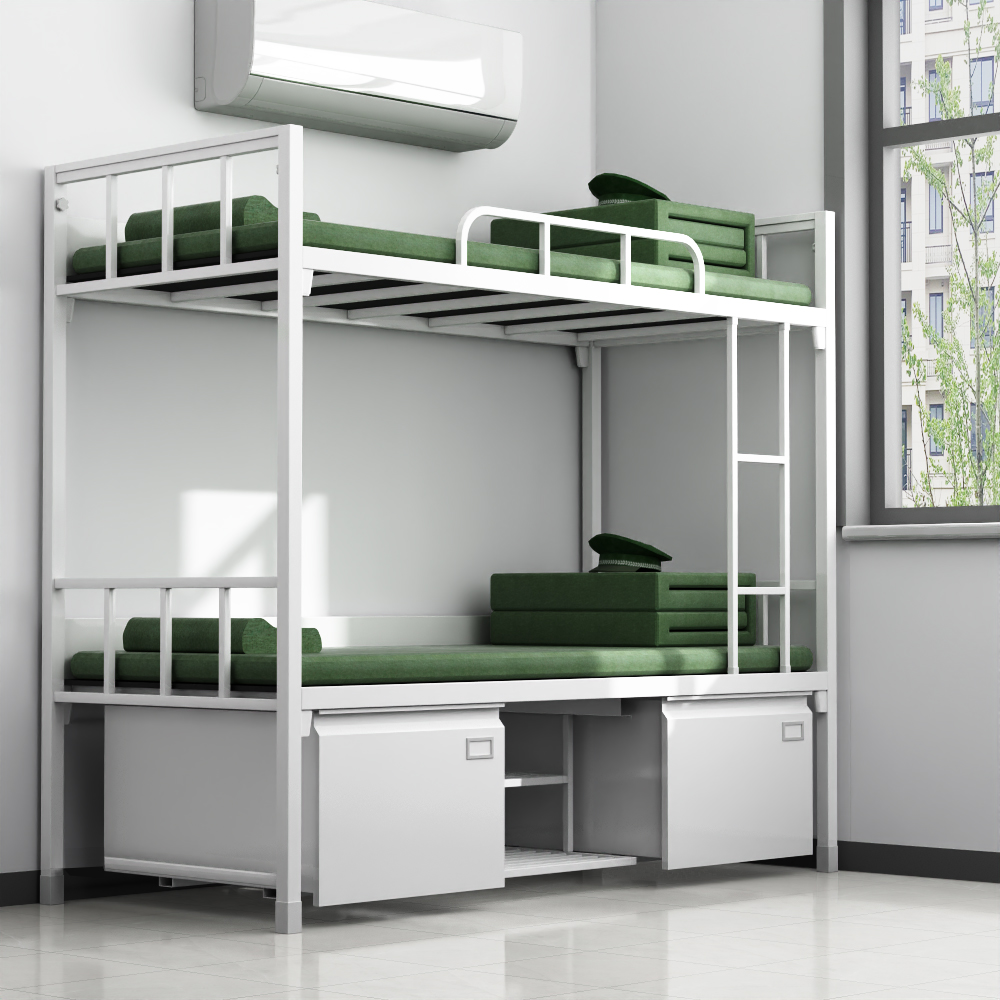 富路达钢制双层床士兵上下铺军营宿舍铁架床班用内务双人床带鞋柜高清大图