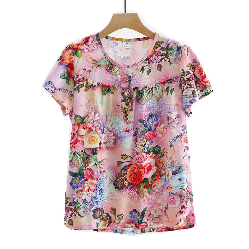 绵绸上衣女中老年妈妈装大码宽松纯棉睡衣薄人造棉短袖家居服