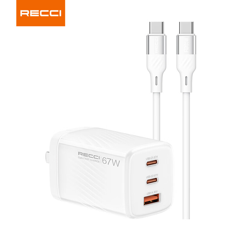 锐思支持67W超级快充充电头双Type-C口充电器套装(RC85CC)水晶白高清大图