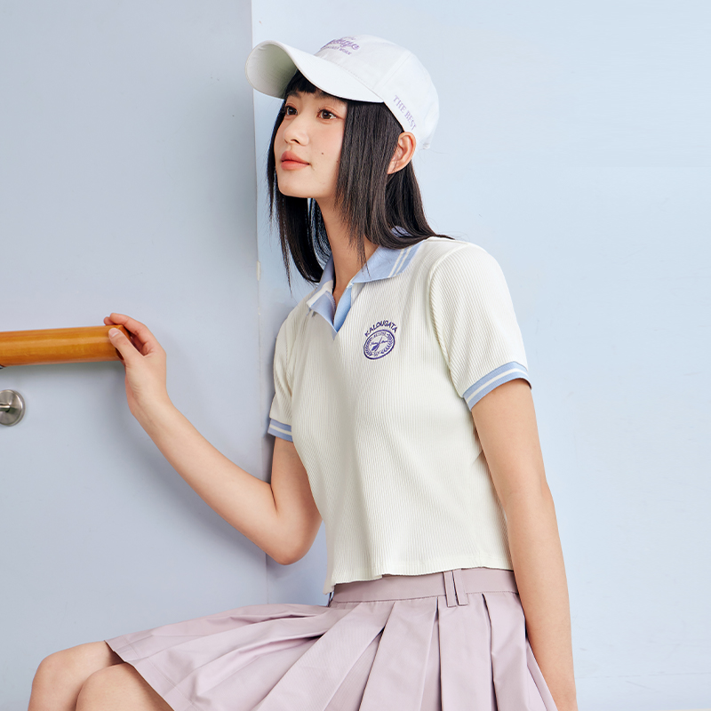 361°POLO衫运动T恤女新款短款修身上衣翻领透气短T袖女款高清大图