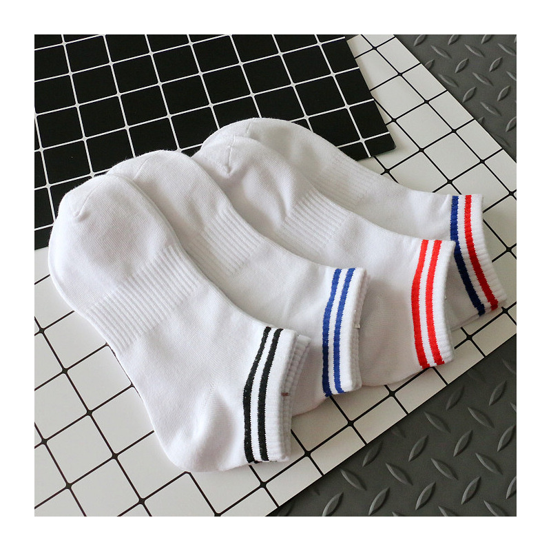 4双装纯棉男士袜子男条纹螺口白色船袜短袜男运动白袜控浅口袜子