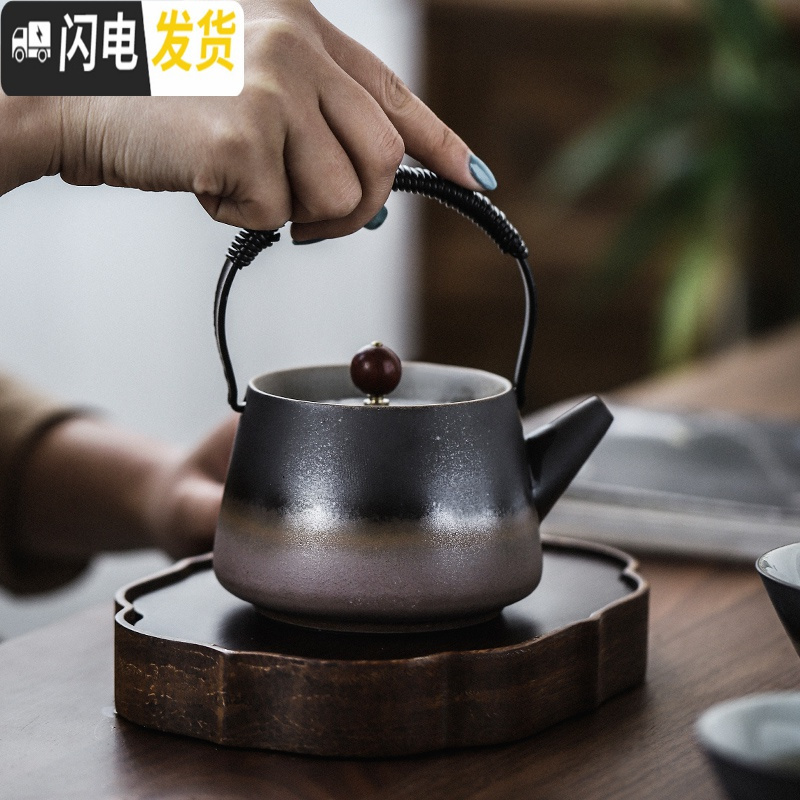 三维工匠创意提梁壶陶瓷家用粗陶泡茶碗日式功夫茶具茶杯套装送礼 粗陶窑变绿(茶壶)简装
