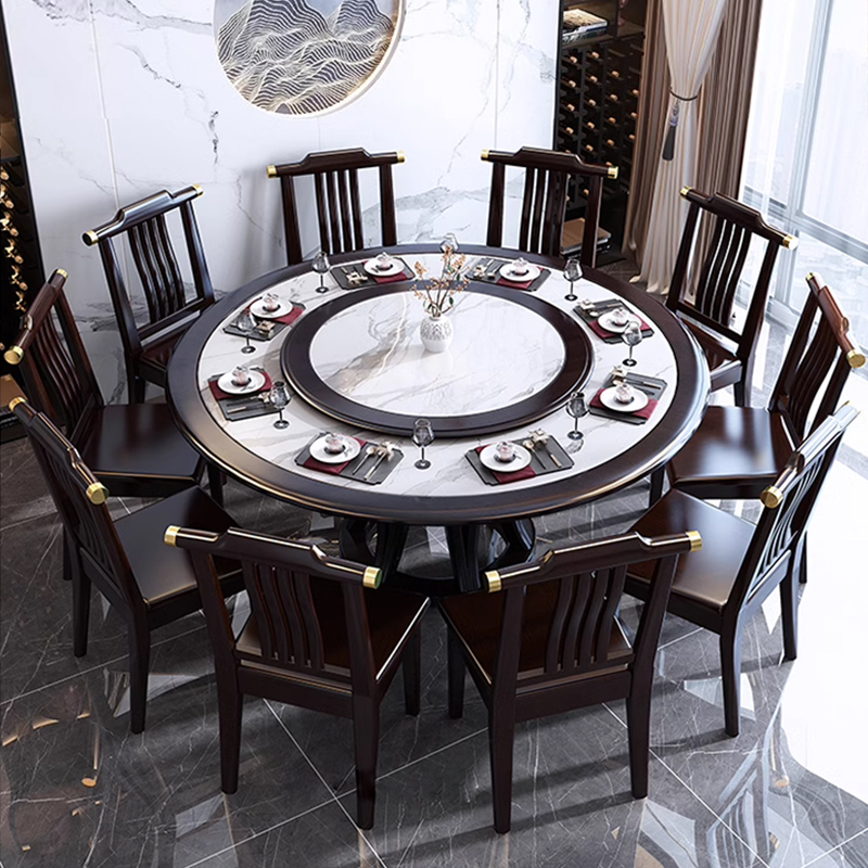 臻远 ZY5110219 岩板餐桌实木圆形餐桌椅组合1.6米圆桌10把餐椅高清大图